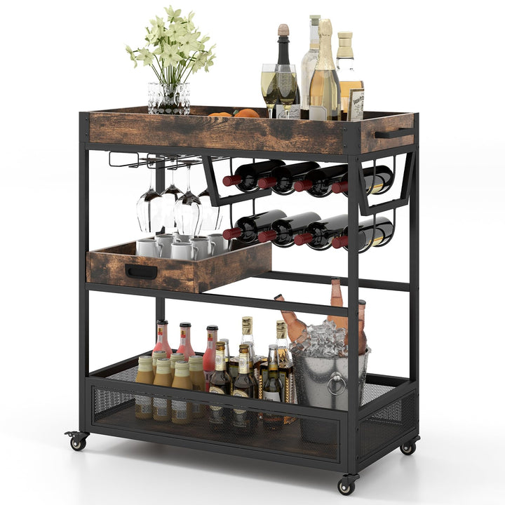 Giantex Rolling Bar Cart, 3-Tier Industrial Buffet Serving Cart with Wine Rack, Stemware Rack & Removable Tray