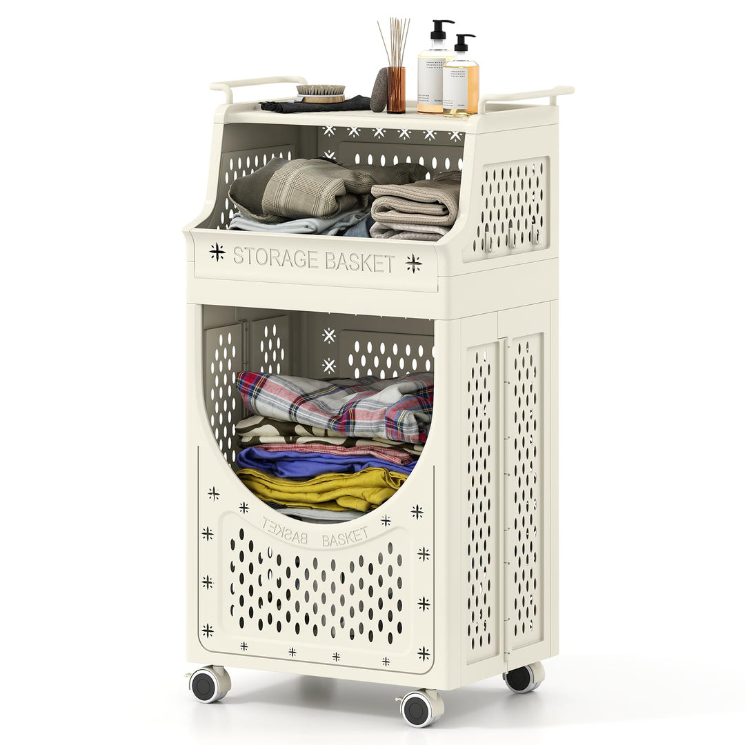 Giantex 3-Tier Rolling Laundry Cart with wheels Folding Laundry Basket with 2 Baskets