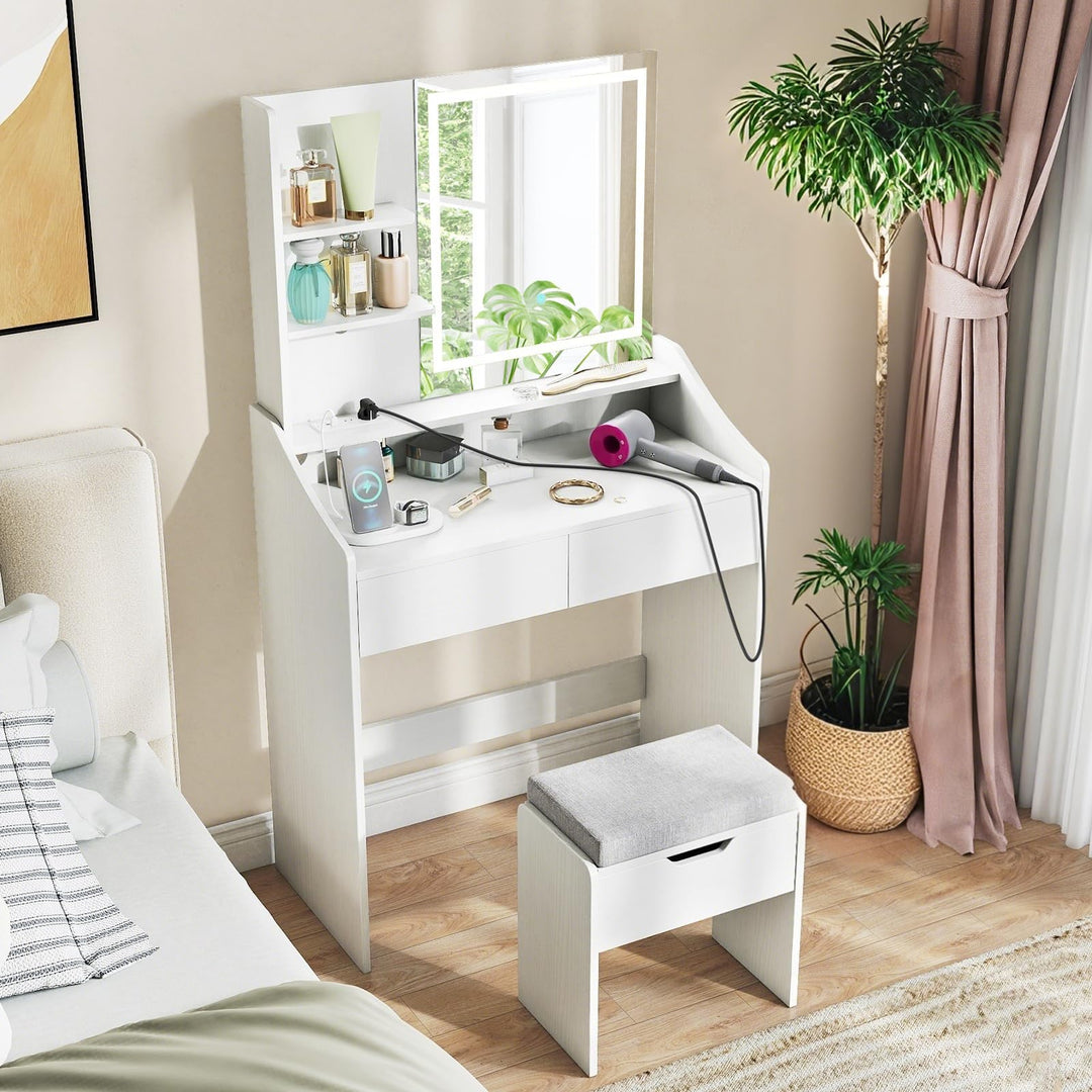 CHARMAID White Vanity Desk with LED Lighted Mirror