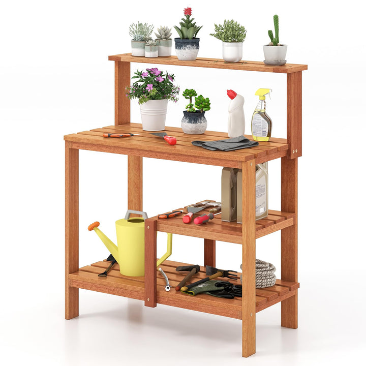 Giantex 4-Tier Potting Bench, Solid Wood Gardening Workstation w/Open Storage Shelves
