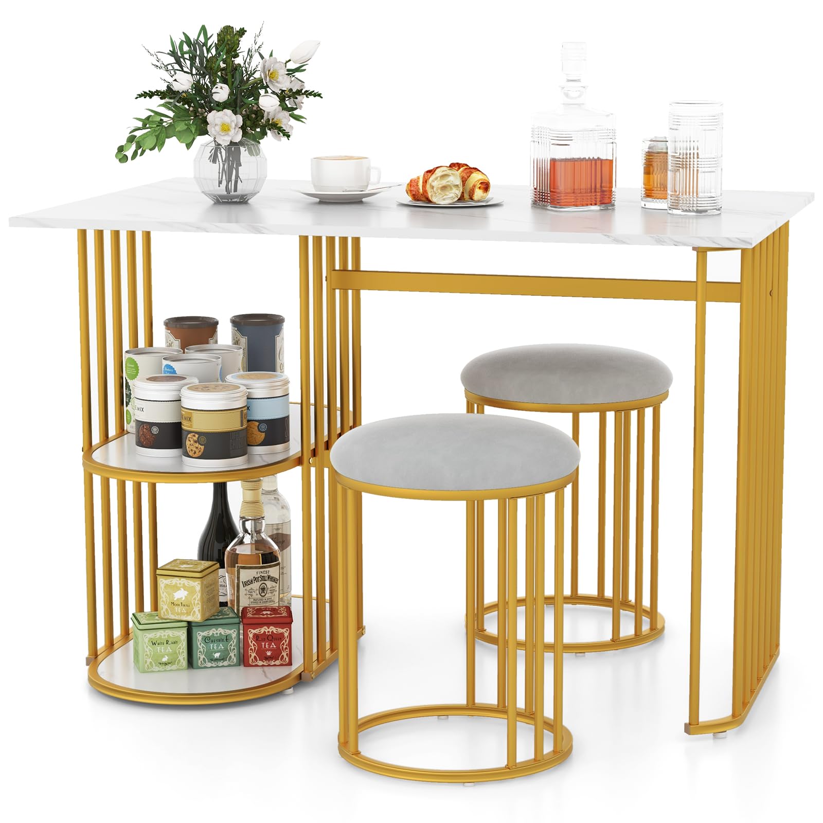 Giantex 3-Piece Dining Table Set for 2, Rectangular Kitchen Table with 2 Stools, 2-Tier Storage Shelf