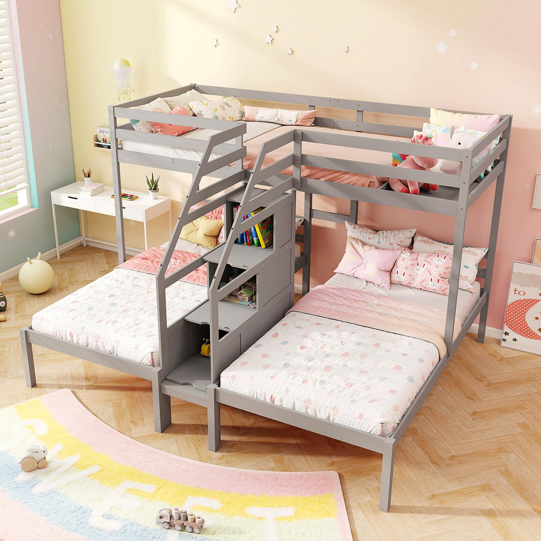 Giantex Twin Over Twin & Twin Bunk Bed Triple Bunk Beds with 4-Step Storage Stair