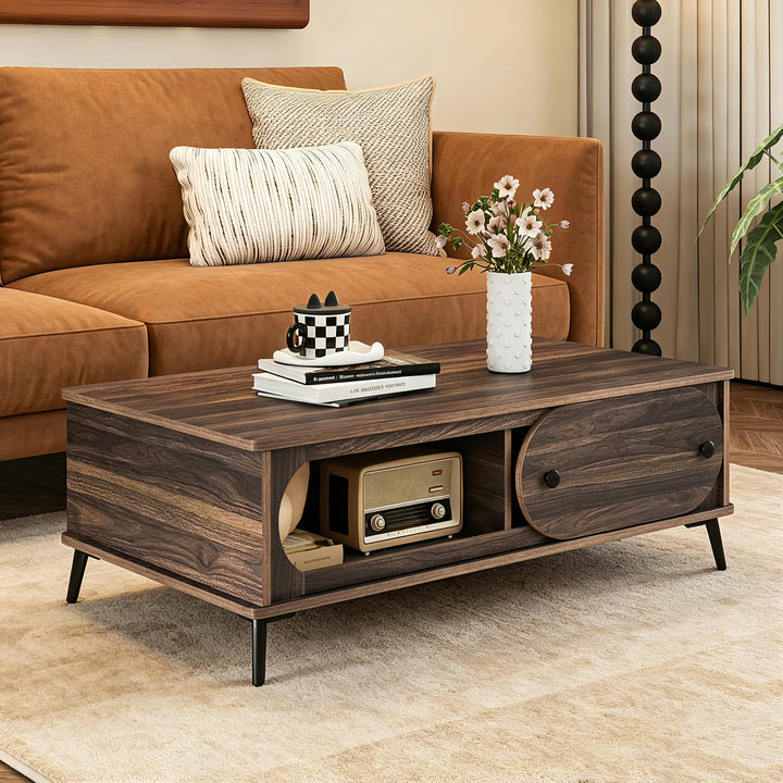 GIANTEX Mid Century Modern Wood Coffee Table with Storage &amp; Sliding Door