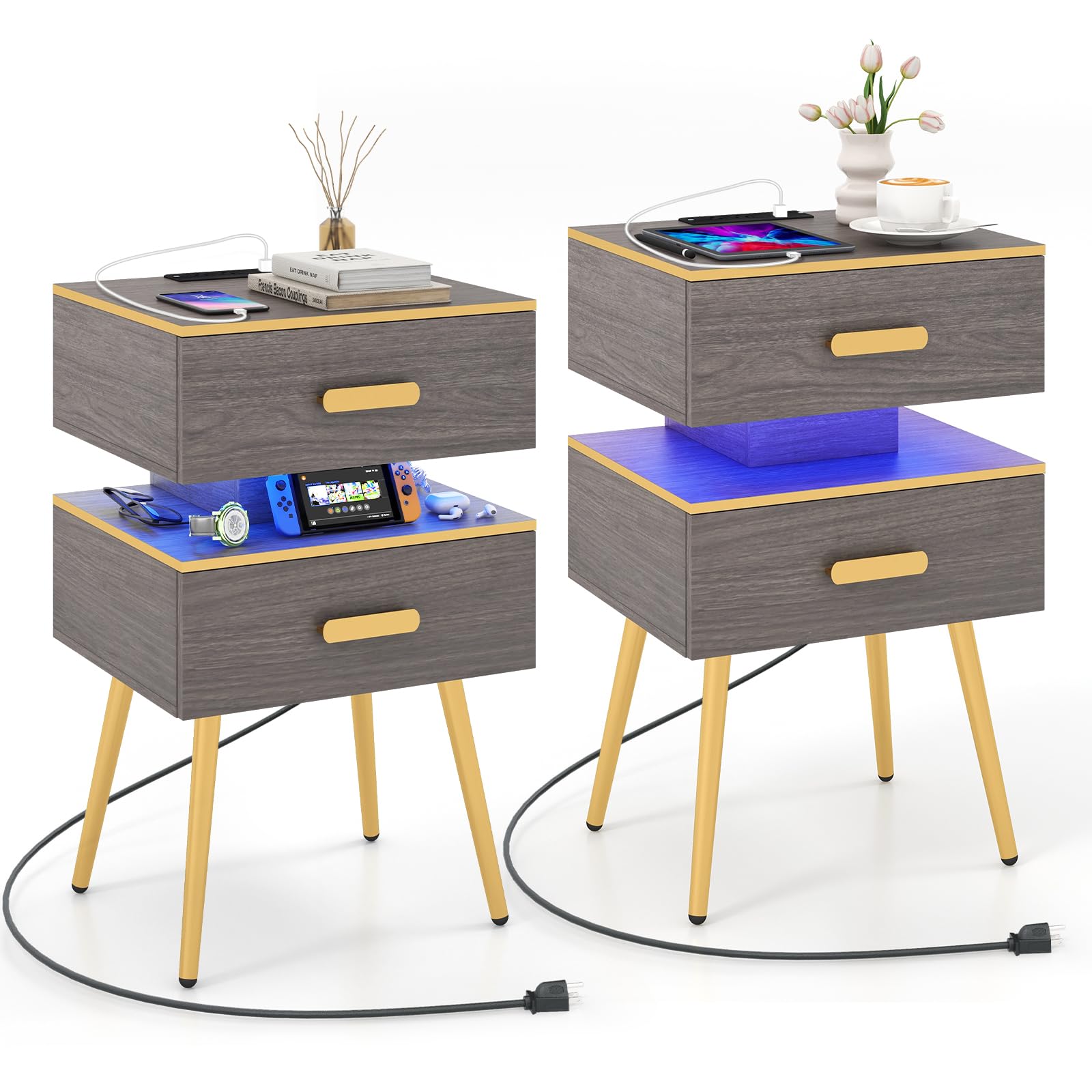 Giantex Nightstand with Charging Station & LED Lights, 28.5" Bedside Table with 2 Drawers