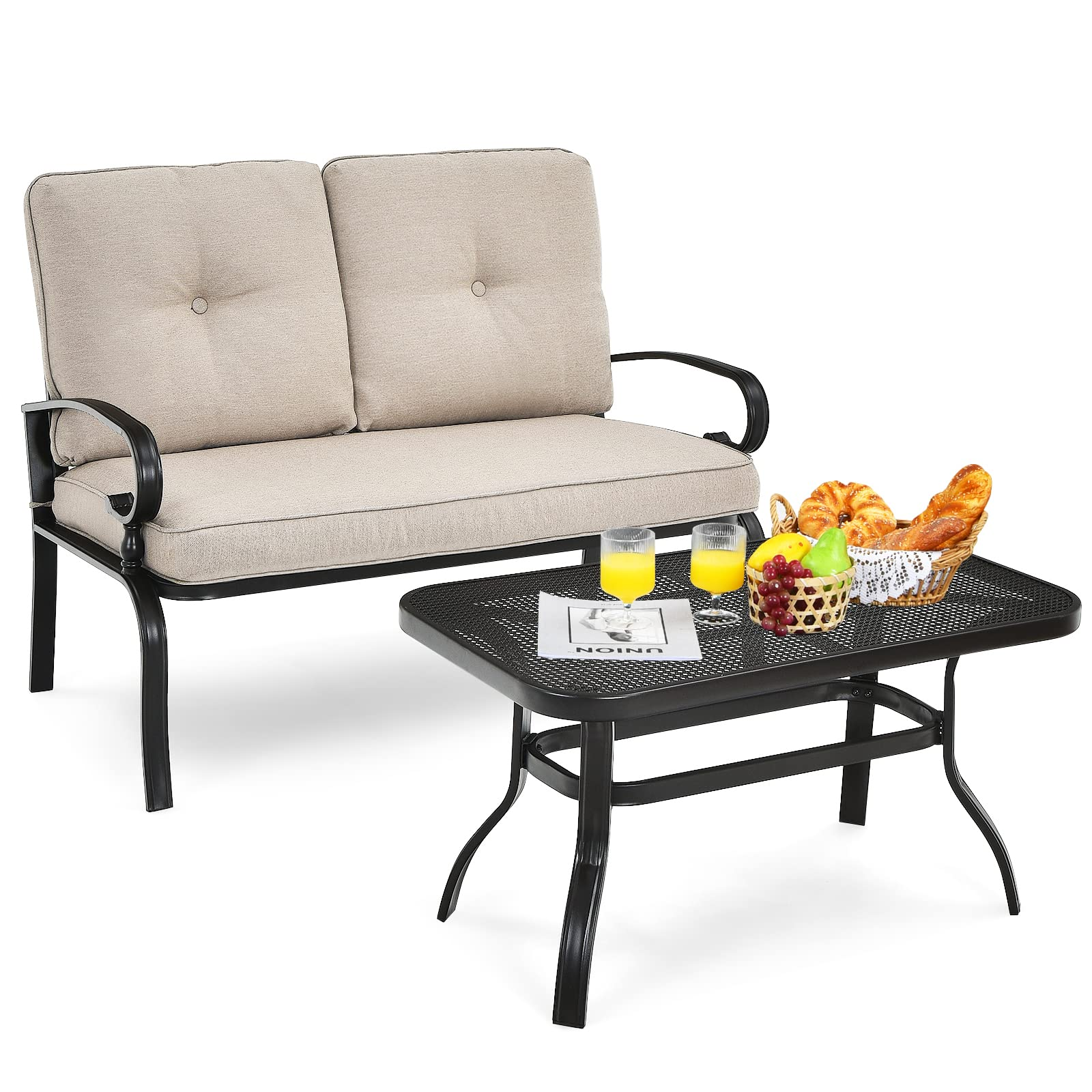Giantex 2 Pcs Patio Loveseat with Coffee Table Outdoor Bench with Cushion and Metal Frame