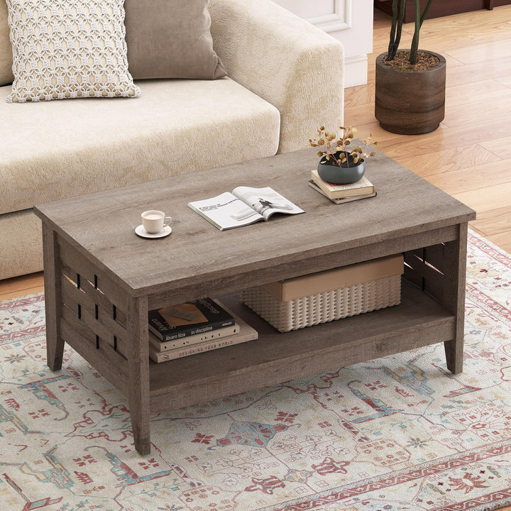 Giantex 2-Tier Farmhouse Coffee Table with Open Shelf and Woven Decorations for Living Room