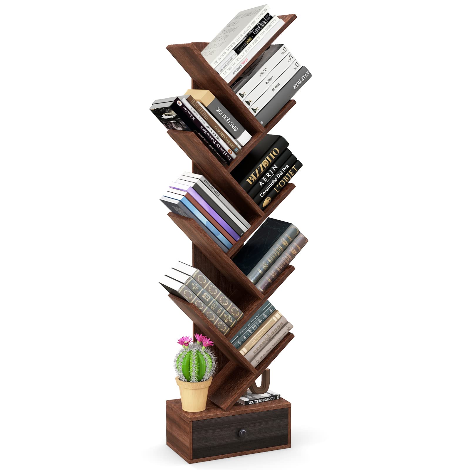 10-Tier Tree Bookshelf with Drawer, Brown - Giantex