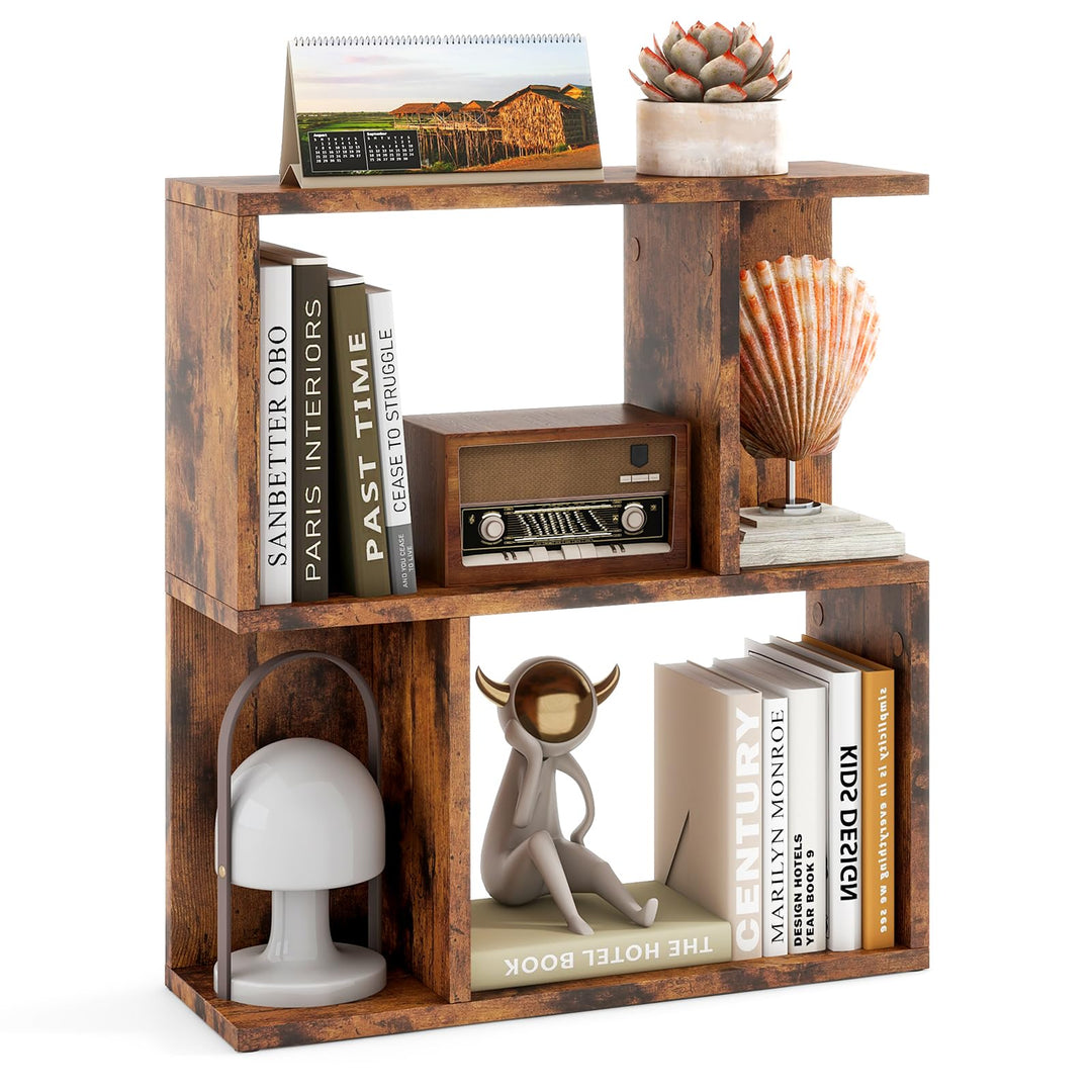 Giantex 3-Tier S-Shaped Bookshelf, Modern Geometric Bookcase, Freestanding Display Shelf for Small Space
