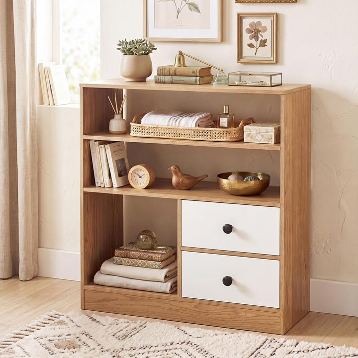 Giantex 4-Tier Freestanding Bookcase w/3 Open Compartments &amp; 2 Detachable Fabric Drawers