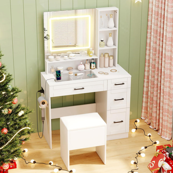 Vanity Desk with Mirror and Lights with Charging Station