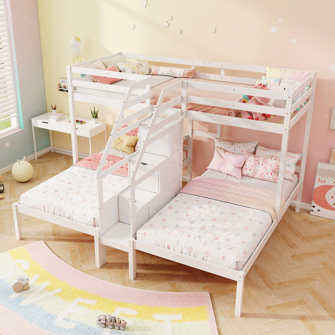 Giantex Twin Over Twin & Twin Bunk Bed, Triple Bunk Beds with 4-Step Storage Stair, Wooden 3 Bunk Beds for Kids Teens