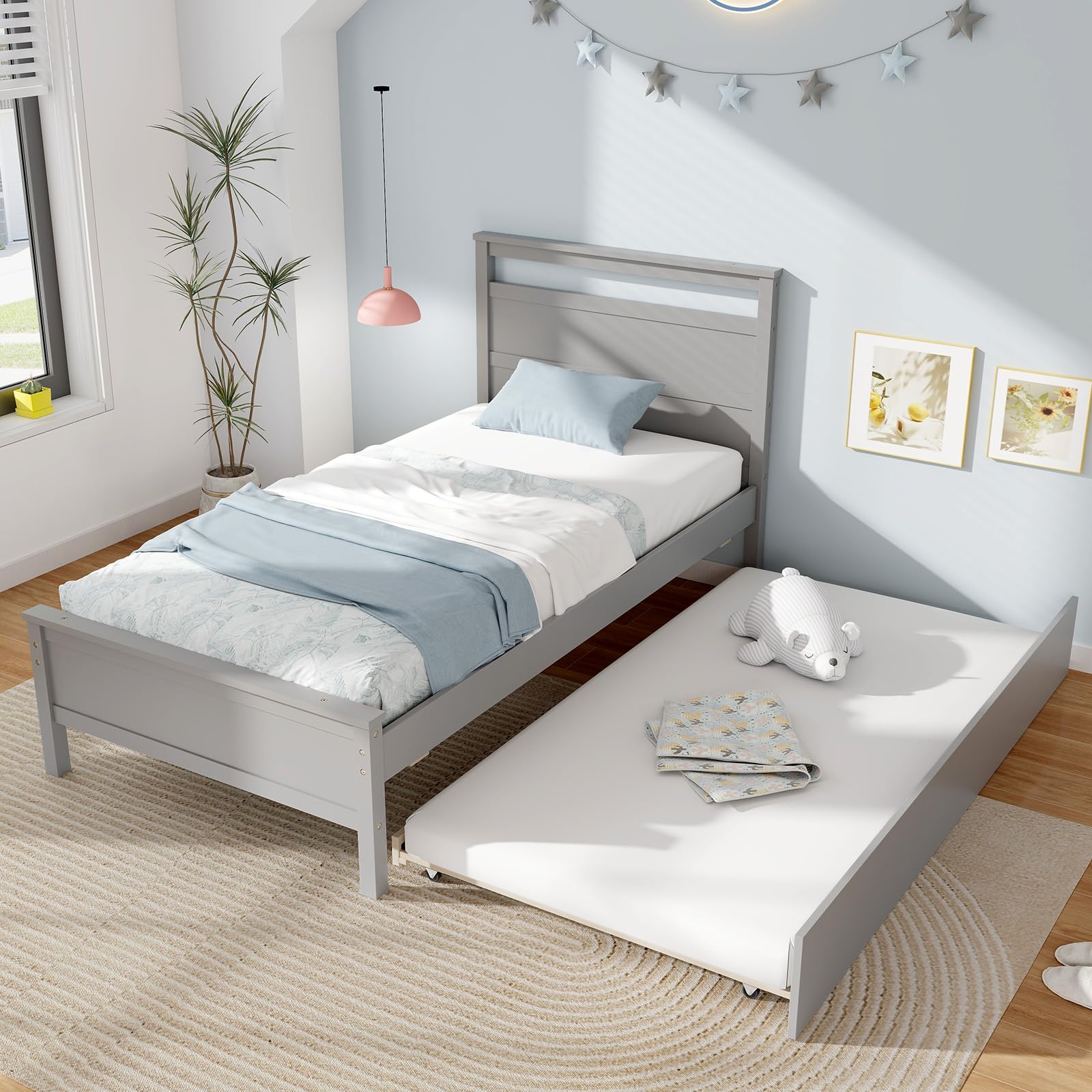 Giantex Trundle Bed Twin, Wood Day Bed Frame with Headboard