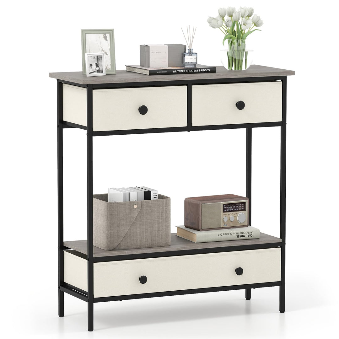 Giantex Farmhouse Console Table 32” Entryway Table with 3 Fabric Drawers & Open Storage Shelf