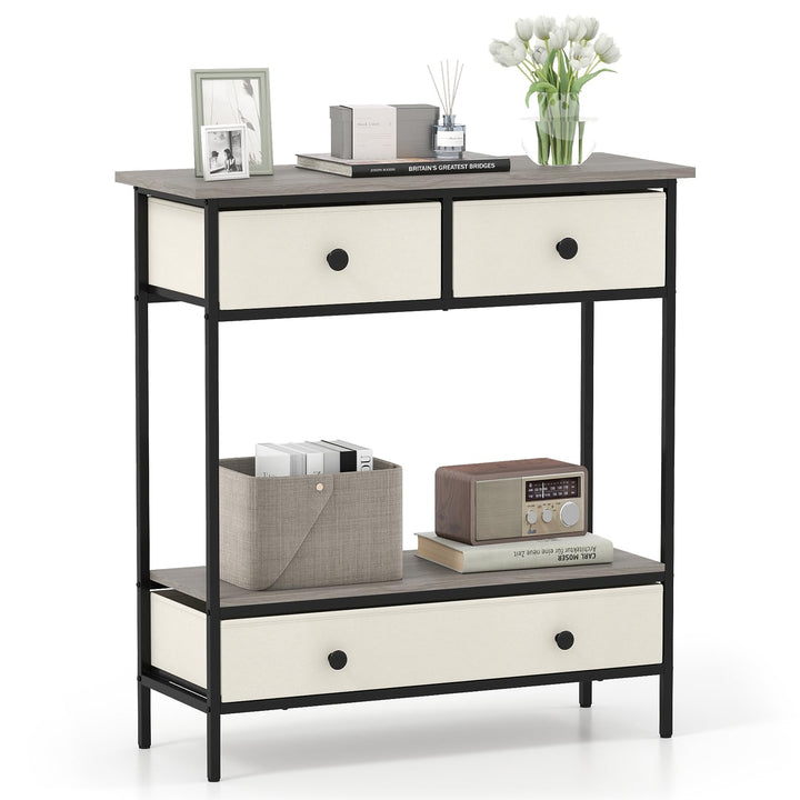 Giantex Farmhouse Console Table 32” Entryway Table with 3 Fabric Drawers & Open Storage Shelf