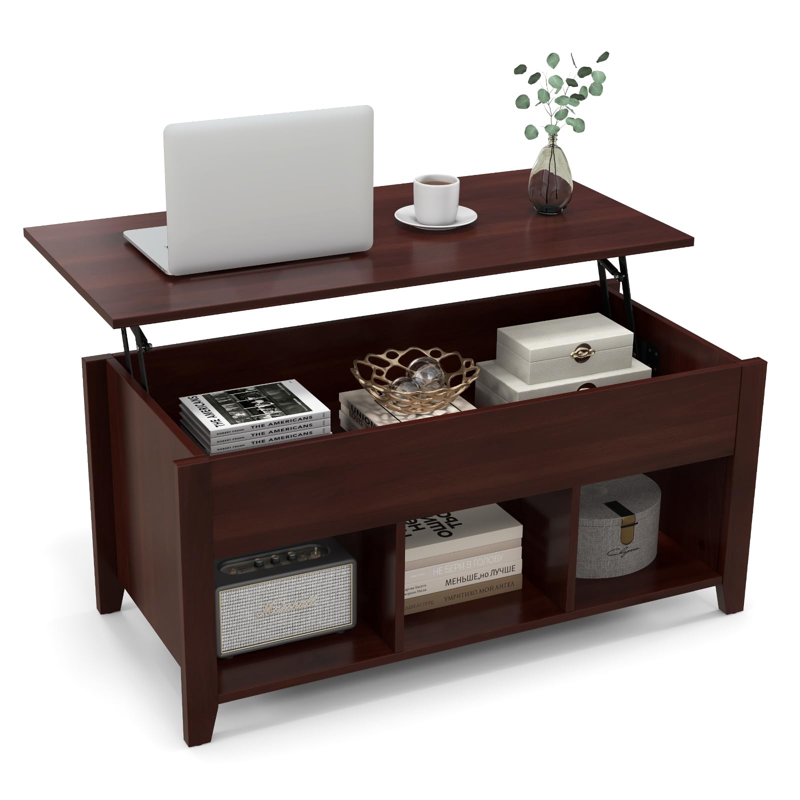 Giantex Lift Top Coffee Table - Rectangular Wooden Table w/Hidden Compartment & Open Storage Shelves