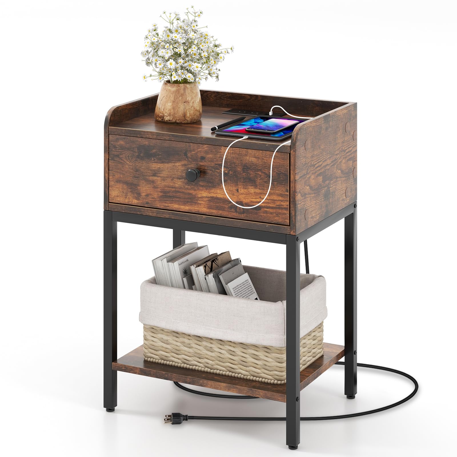 Giantex Nightstand with Charging Station, Industrial Bedside Table with Storage Drawer & Open Shelf