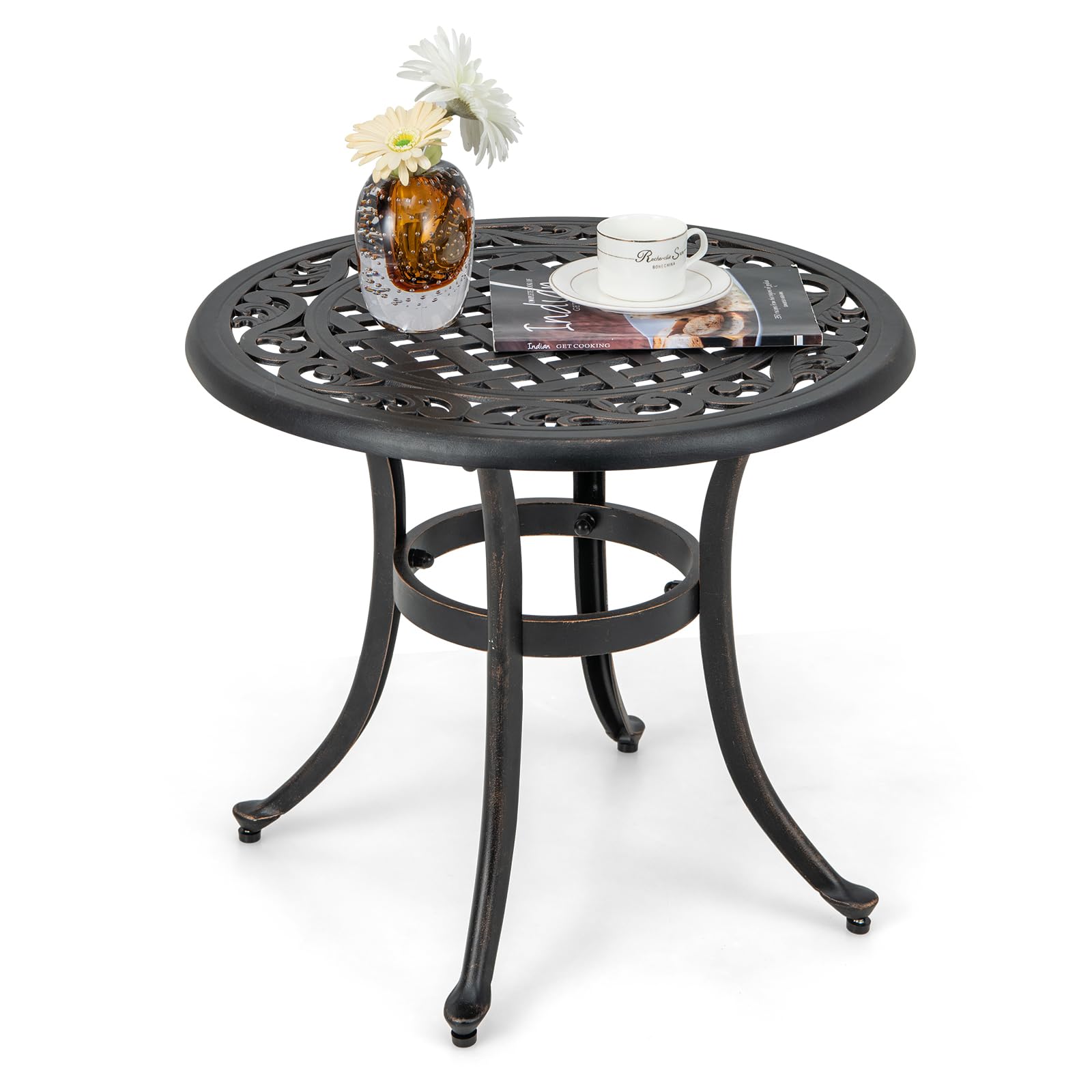 Giantex Patio Bistro Table, 24” Cast Aluminum Round Side Table, Outdoor Coffee Table for Porch, Pool, Backyard, Garden, Balcony