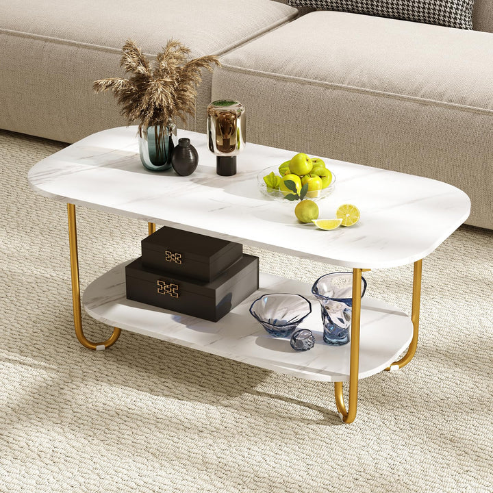 Giantex 2 Tier Coffee Table with Storage Modern Faux Marble Center Table