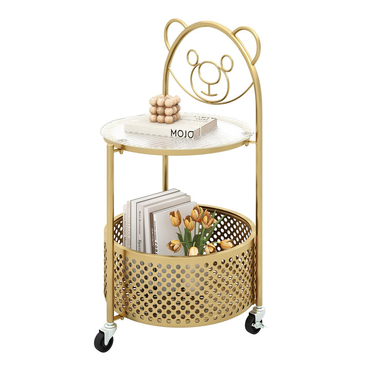Giantex Mobile Glass Coffee Table, 2-Tier Round End Table with Bear Pattern, Storage Basket, Metal Frame
