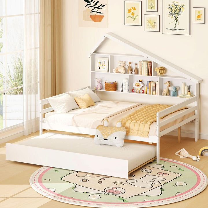 Giantex Full House Bed with Twin Trundle, Wood Daybed with 5 Cube Storage Bookcase & Headboard