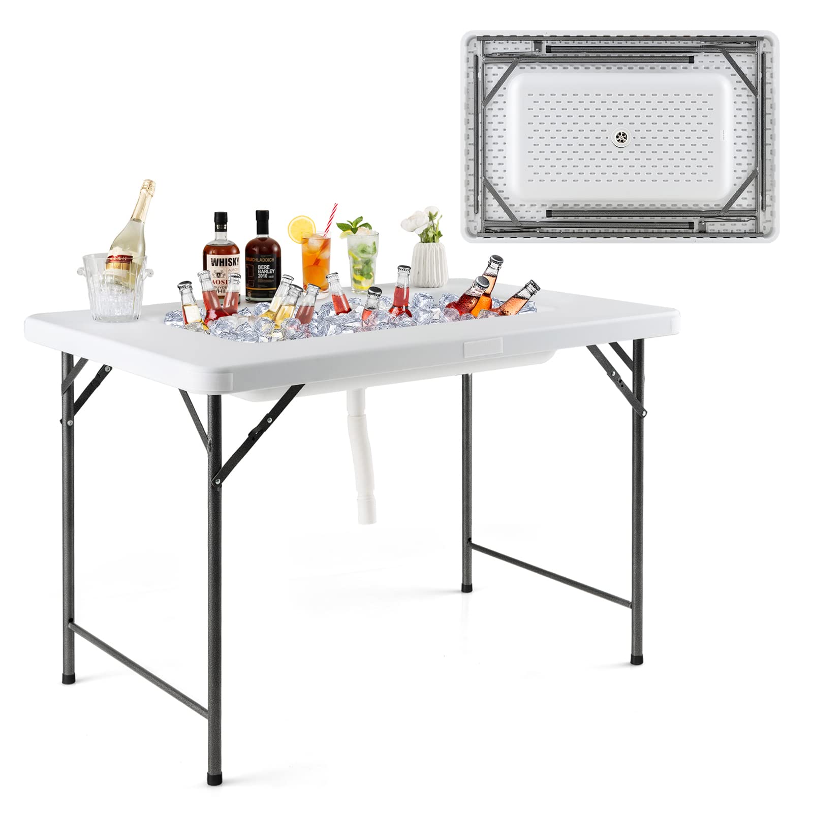 Giantex 4Ft Folding Ice Cooler Table with Drain - No Assembly Ice Bin Table with Edge and Removable Matching Skit