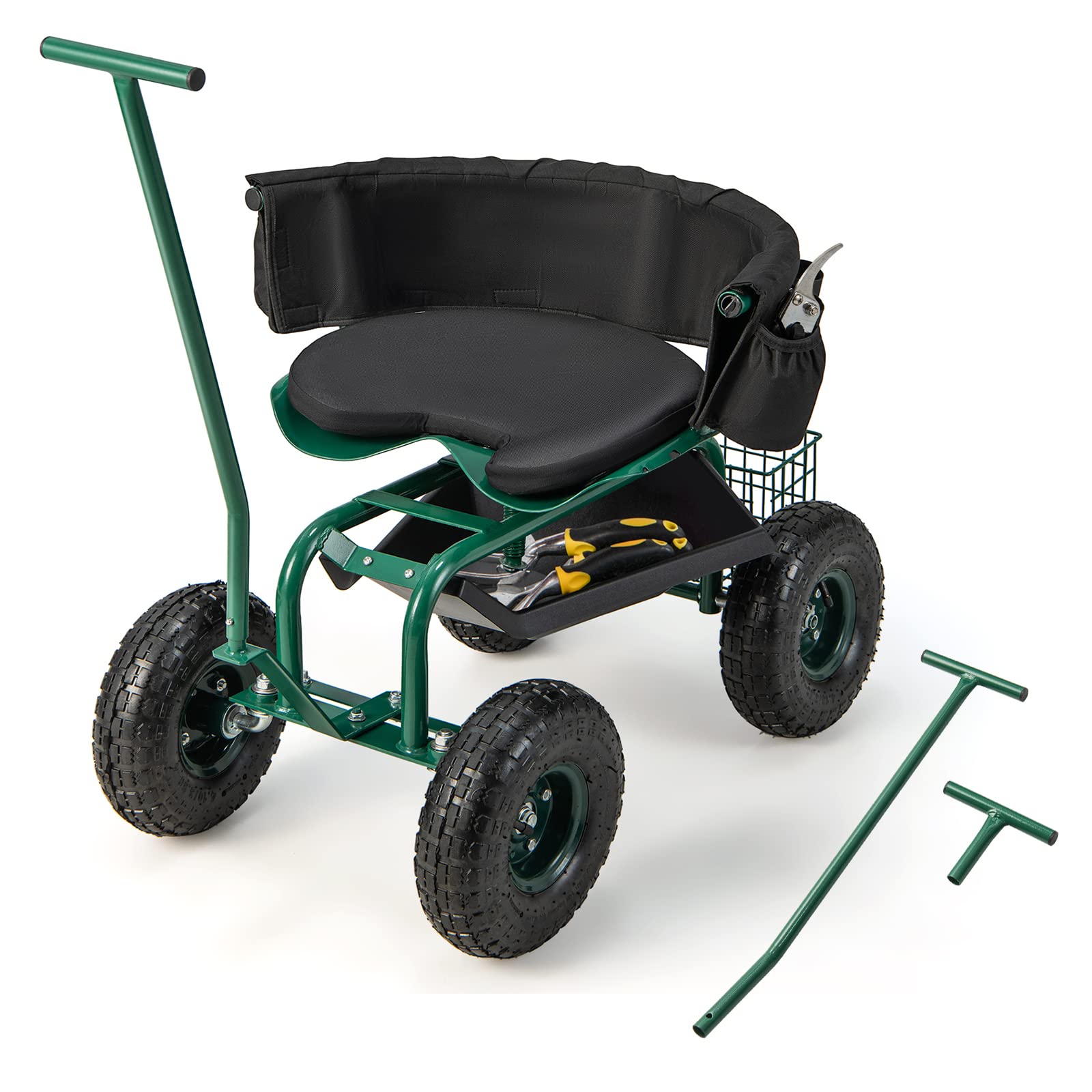 Giantex Garden Cart, Rolling Workseat with 4 Wheels, Tool Tray, Removable Cushion, Storage Basket