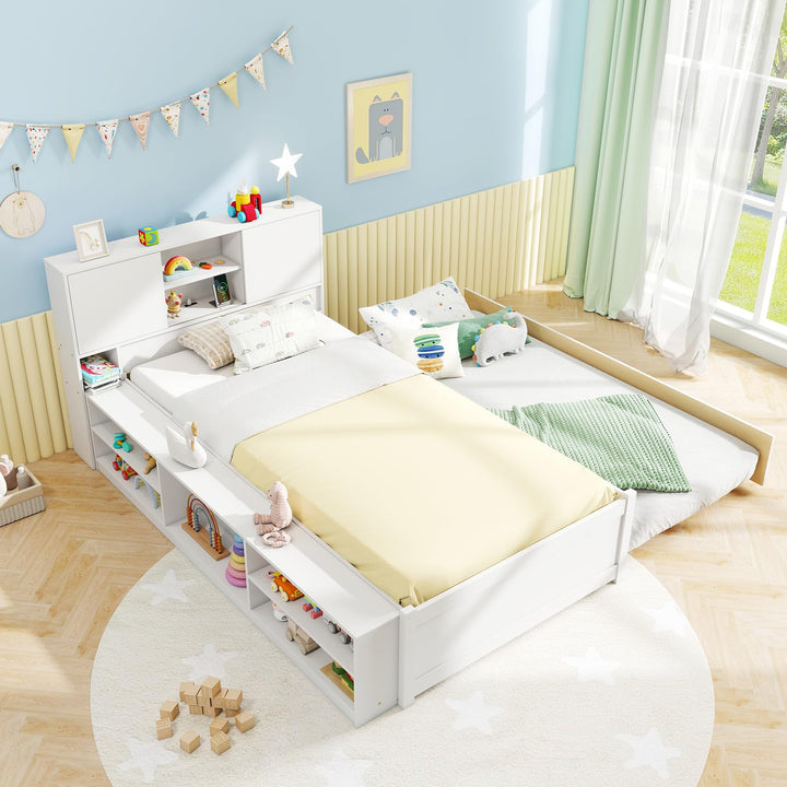 Giantex White Twin Size Bed Frame with Trundle and Bookcase Headboard