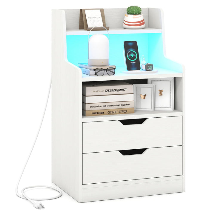 Giantex Nightstand with LED Light and Charging Station for Living Room Bedroom