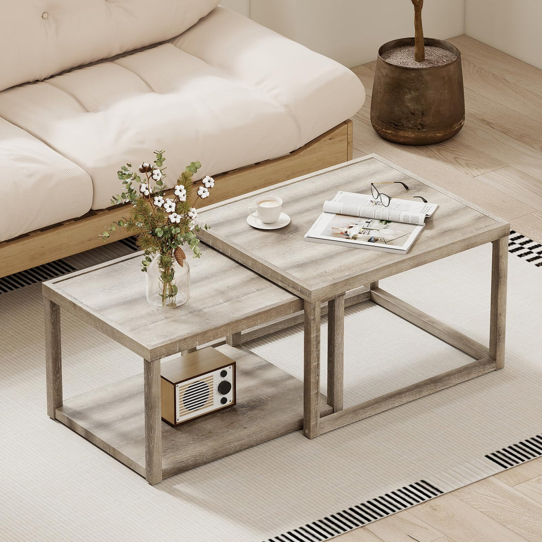 Giantex Nesting Coffee Tables Set of 2 with Storage Shelf Rubber Wood