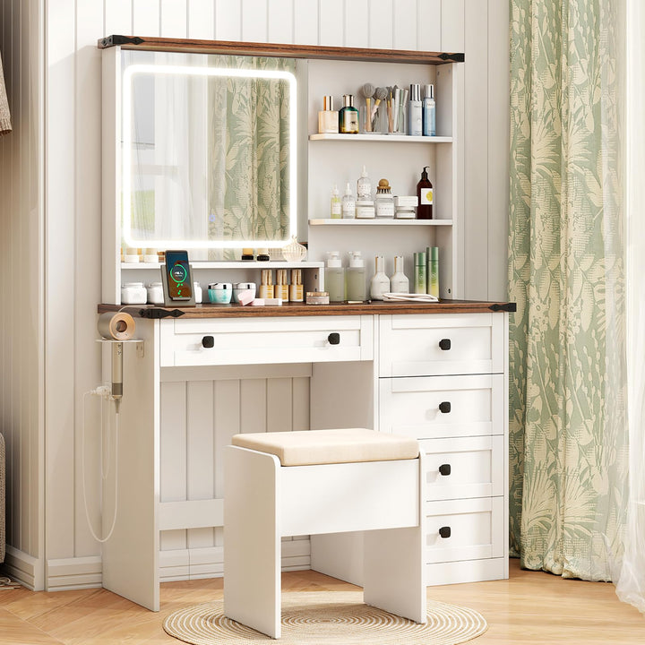 CHARMAID Vanity Desk with Mirror and Lights, Farmhouse Makeup Vanity Desk with 5 Drawers, 3 Shelves