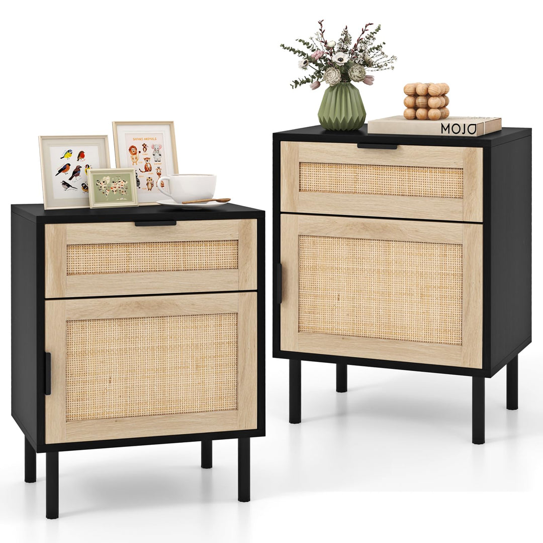 Giantex Rattan Nightstand Set of 2, Mid Century Modern End Table with Drawer & Cabinet, Sofa Side Table with Sturdy Metal Legs