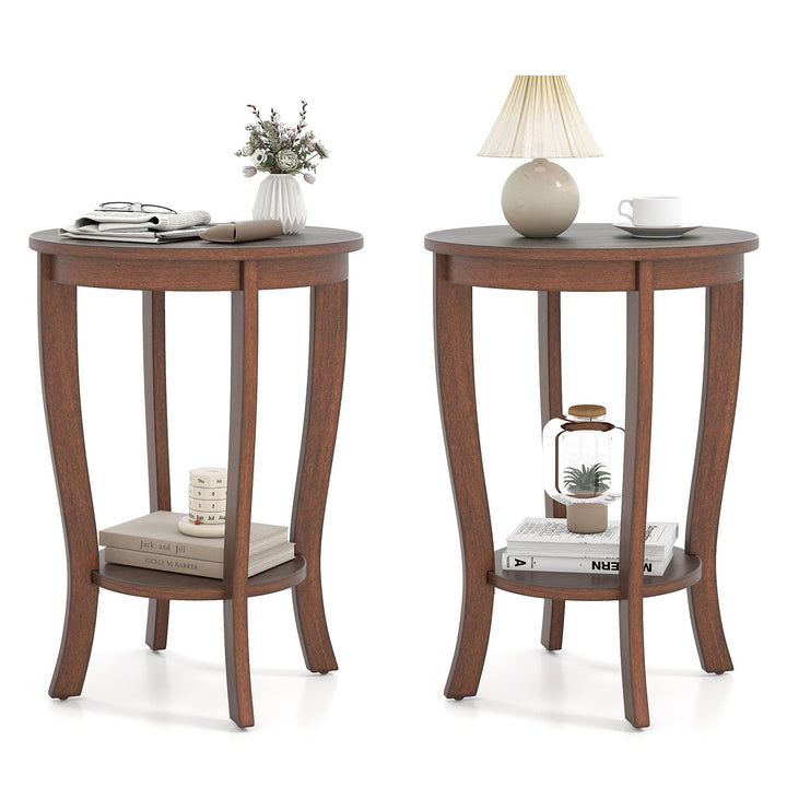 Giantex Round End Table with Storage Shelf Set of 2, Retro Nightstand with Solid Wood Legs, 24.5" Accent Table for Small Spaces