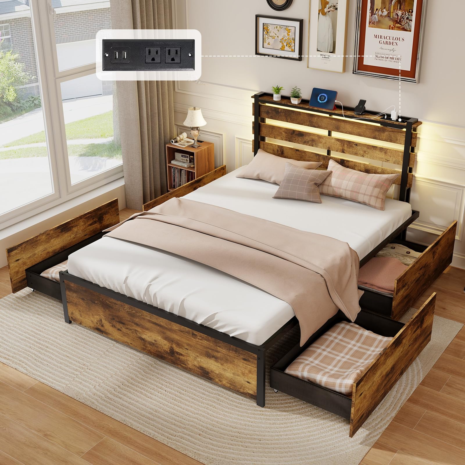 Giantex Bed Frame with LED Lights Headboard and 4 Storage Drawers