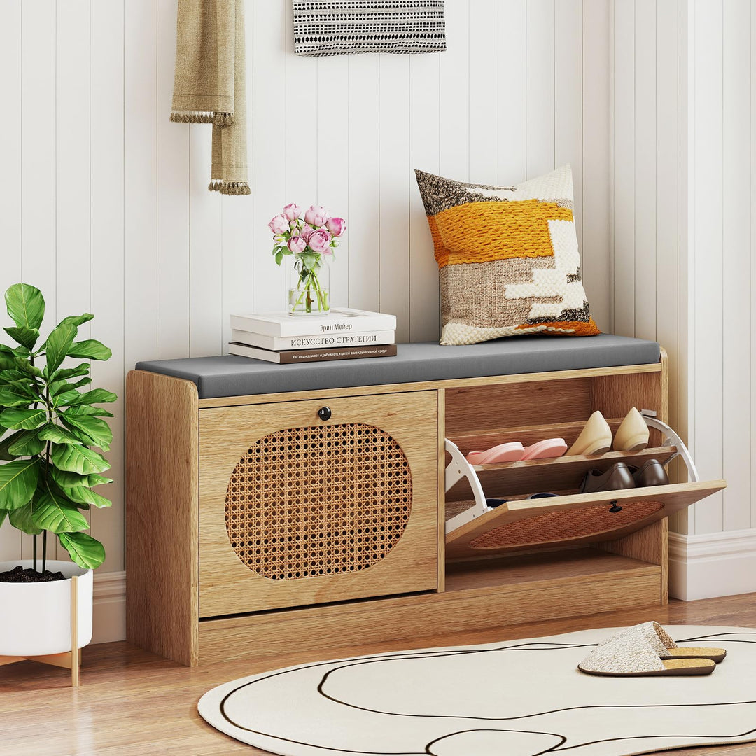 Giantex Rattan Shoe Storage Bench with 2 Flip Drawers & Padded Seat Cushion