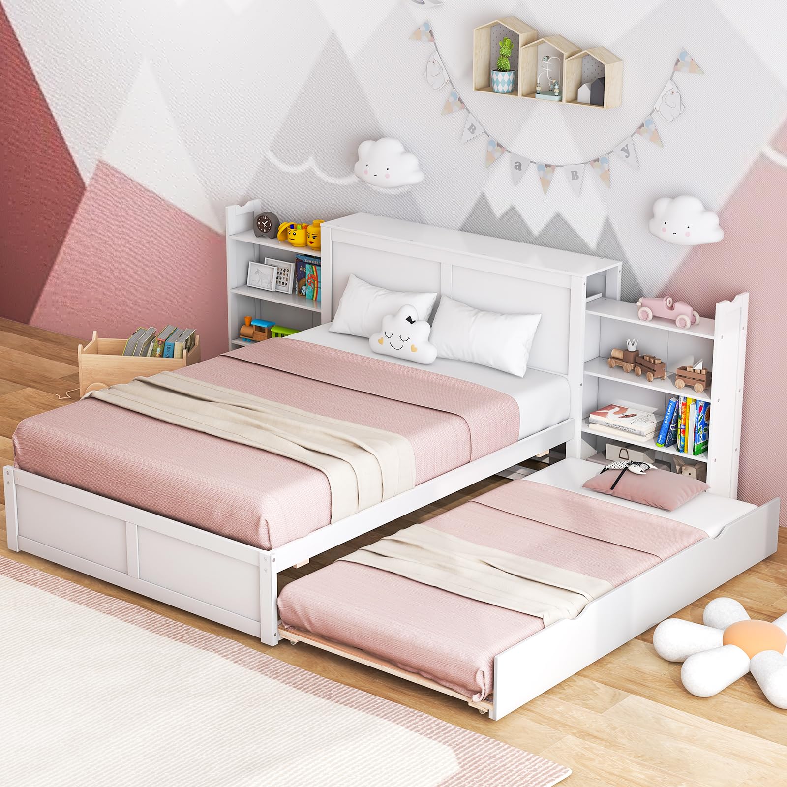 Giantex Full Bed Frame with Twin Trundle, Wooden Bed Wooden Bed Frame with 2 Rolling Bookcases & High Headboard