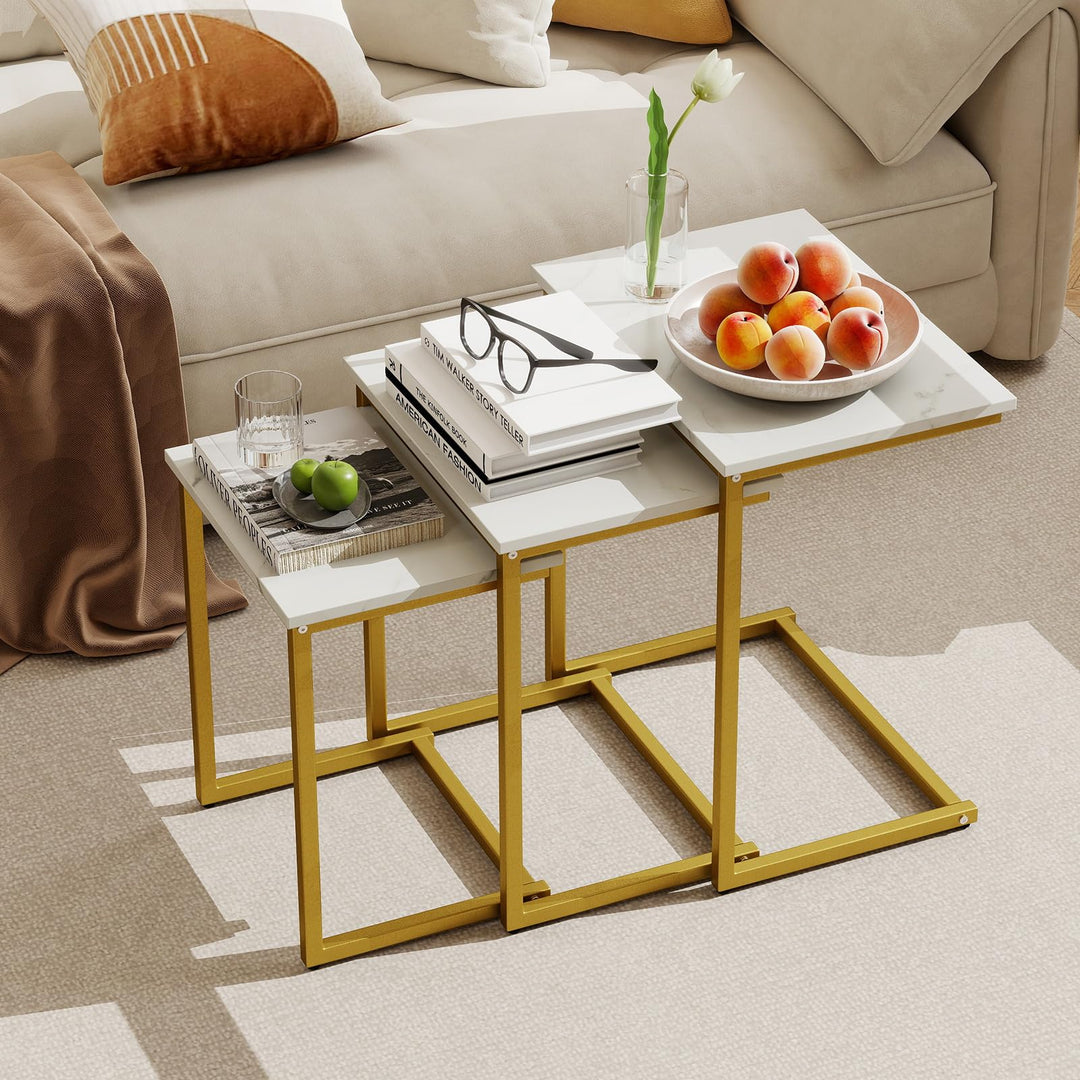 Giantex Nesting Coffee Table Set of 3 Stackable Square End Table w/Faux Marble Tabletop & Heavy-Duty Metal Frame