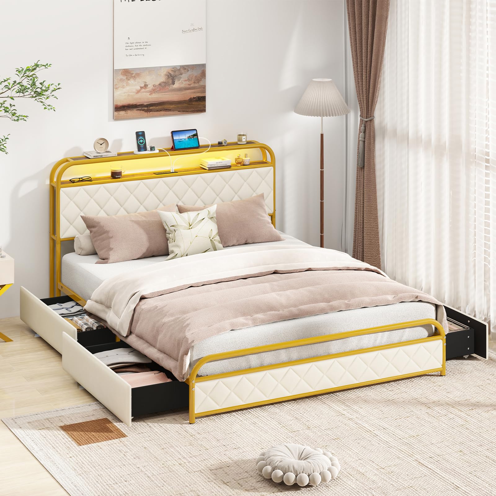 Giantex Bed Frame with 4 Storage Drawers and Charging Station