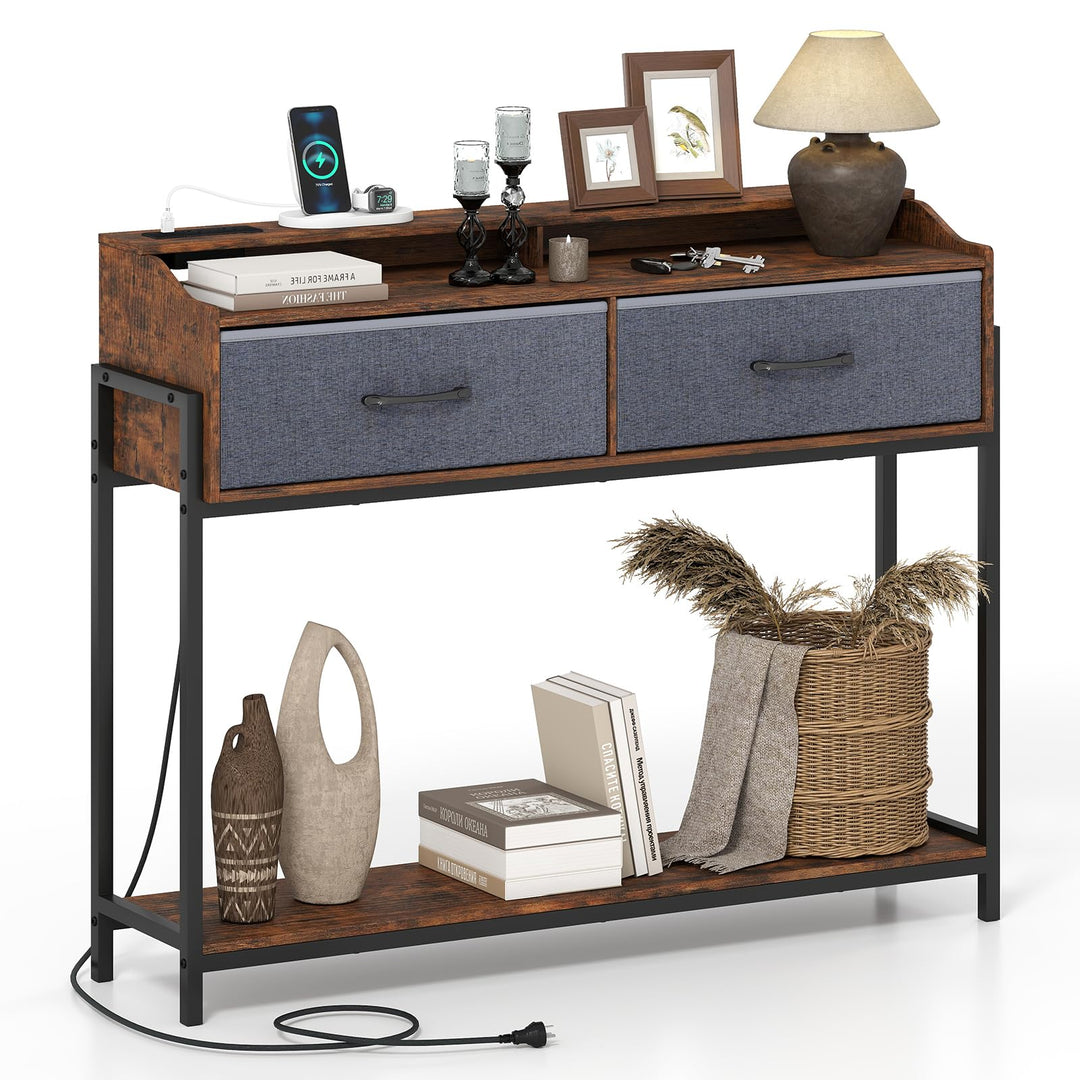 GIANTEX 43" Narrow Console Table with Charging Station &amp; 2 Drawers