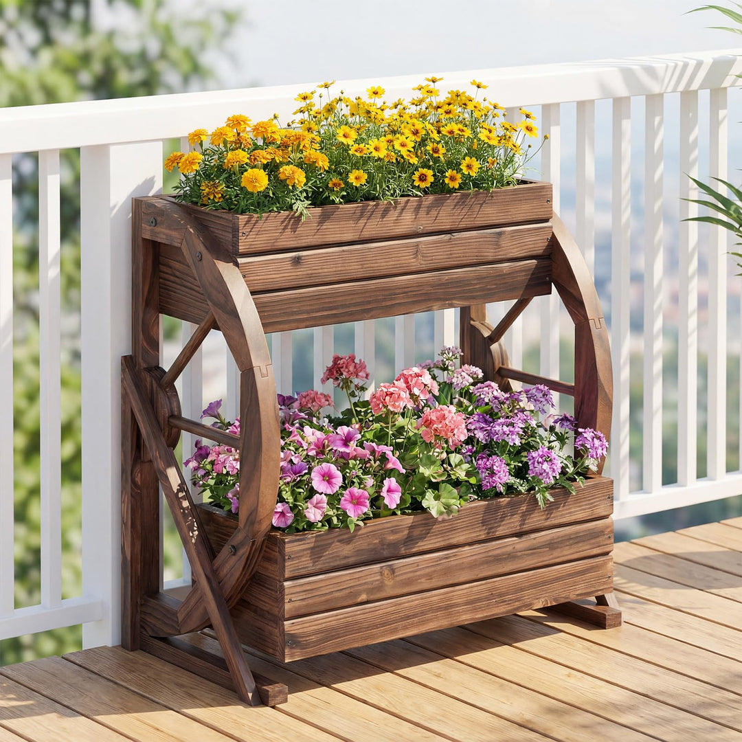Giantex Wooden Wagon Planter Box for Patio Garden Balcony