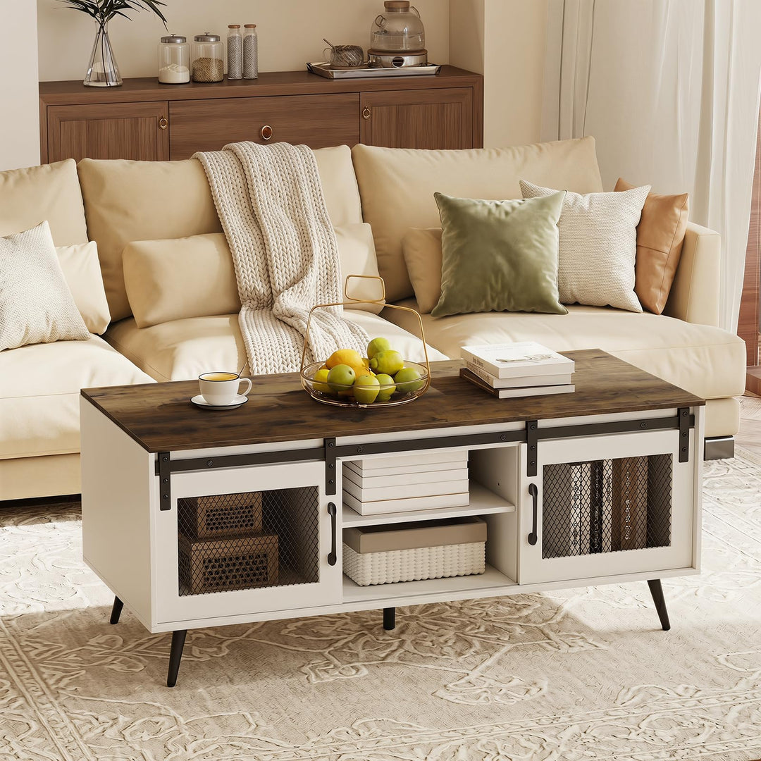 Giantex 48" Farmhouse Coffee Table with Sliding Doors &amp; Adjustable Shelf