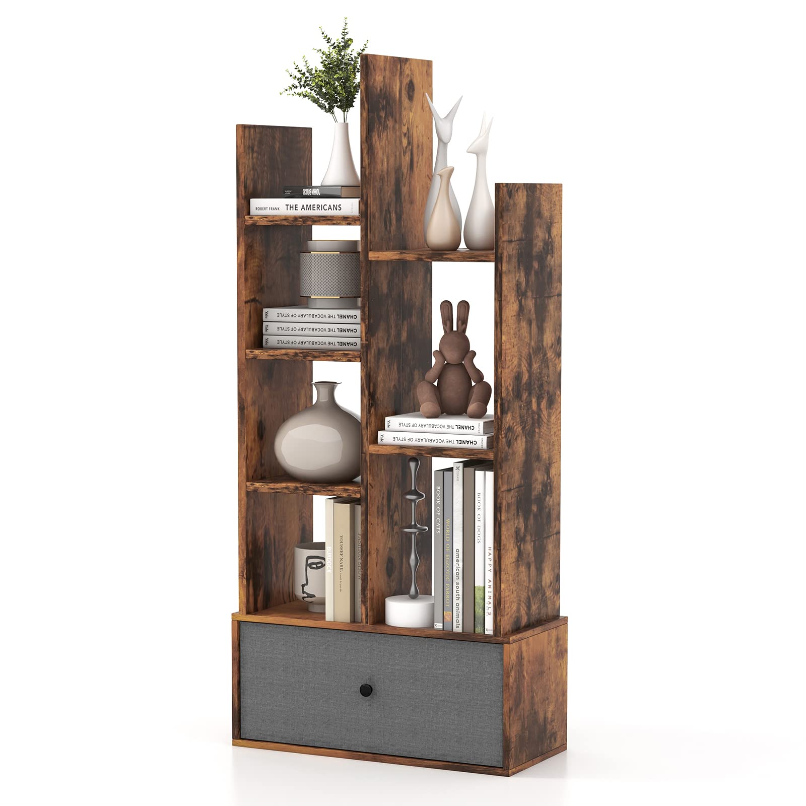 Giantex 9-Cube Bookcase with 2 Drawers - Industrial Freestanding Open Display Shelving with Anti-toppling Device