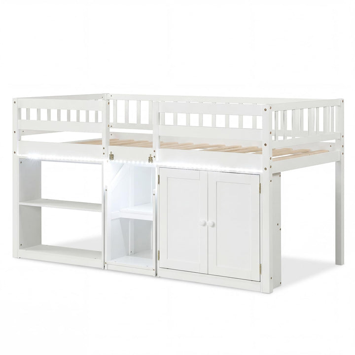 Giantex Low Loft Bed Twin Size with LED Lights, Wooden Bed Frame