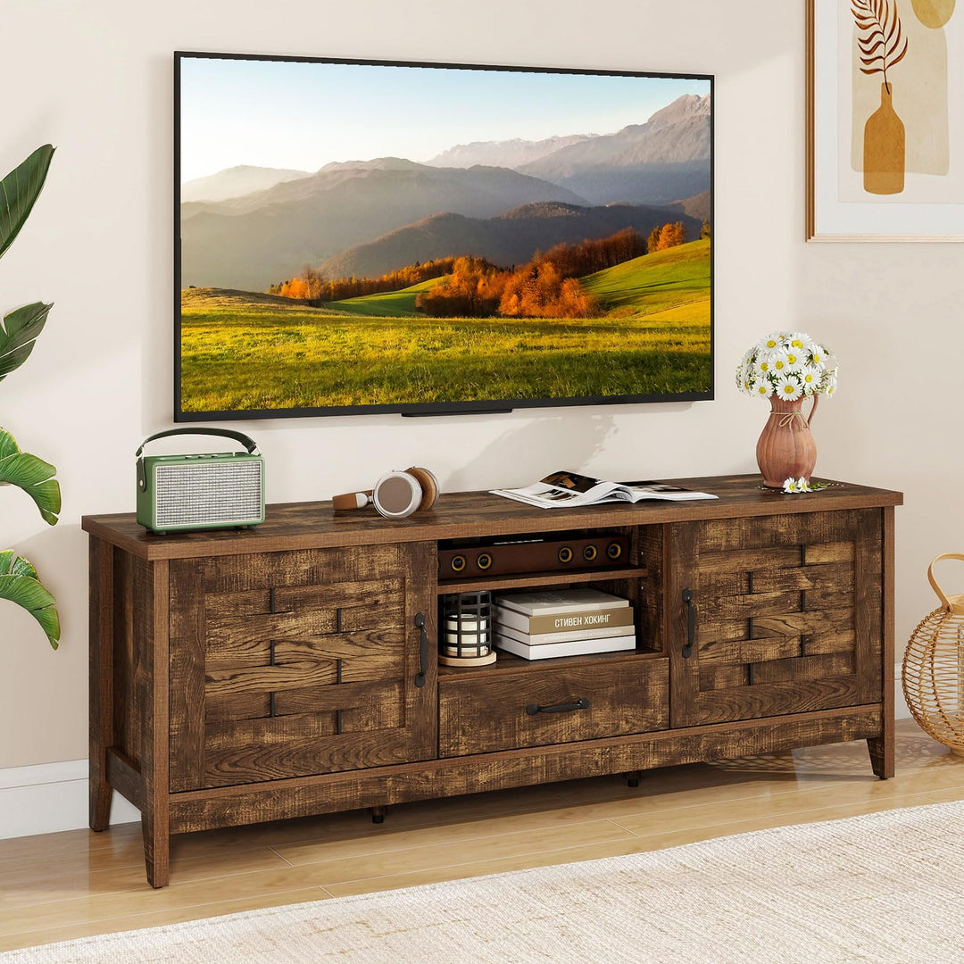 Giantex Farmhouse TV Stand for 65 Inch TVs 59" Wood Entertainment Center with 2 Woven Accent Doors