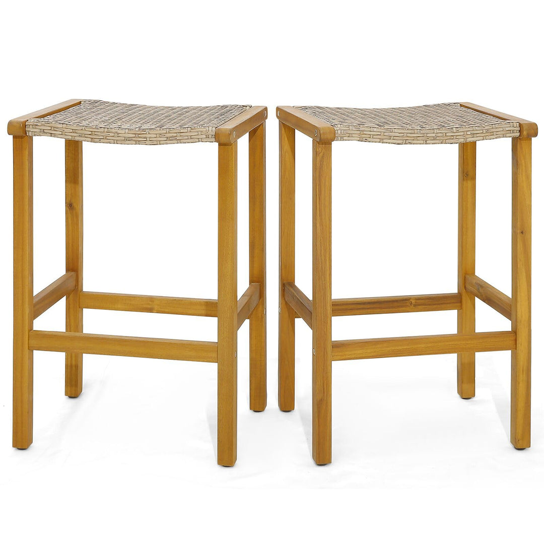 Giantex Patio Wood Bar Stools Set of 2, Acacia Wood Bar Stools w/Rattan Woven Seat
