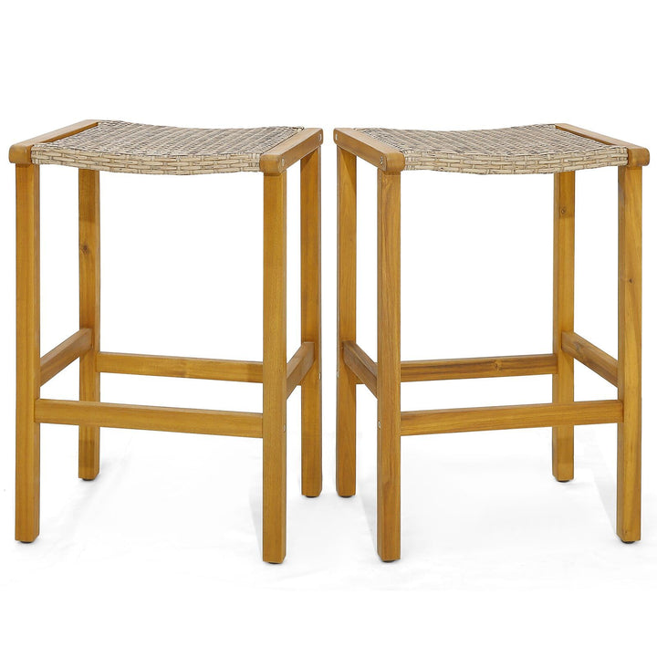 Giantex Patio Wood Bar Stools Set of 2, Acacia Wood Bar Stools w/Rattan Woven Seat