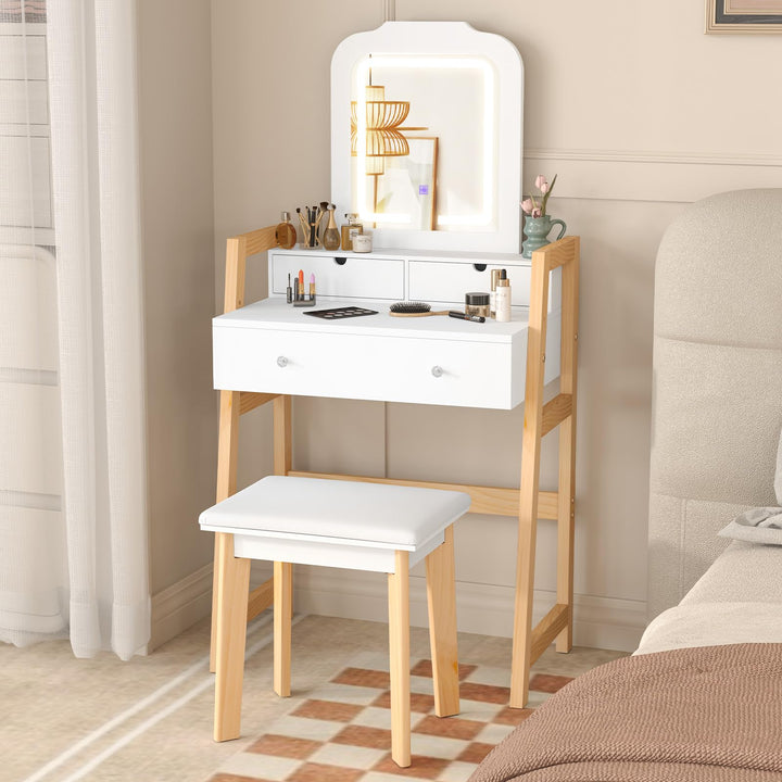 Small Vanity Desk with Mirror and Lights, White Makeup Vanity Desk with 3 Drawers