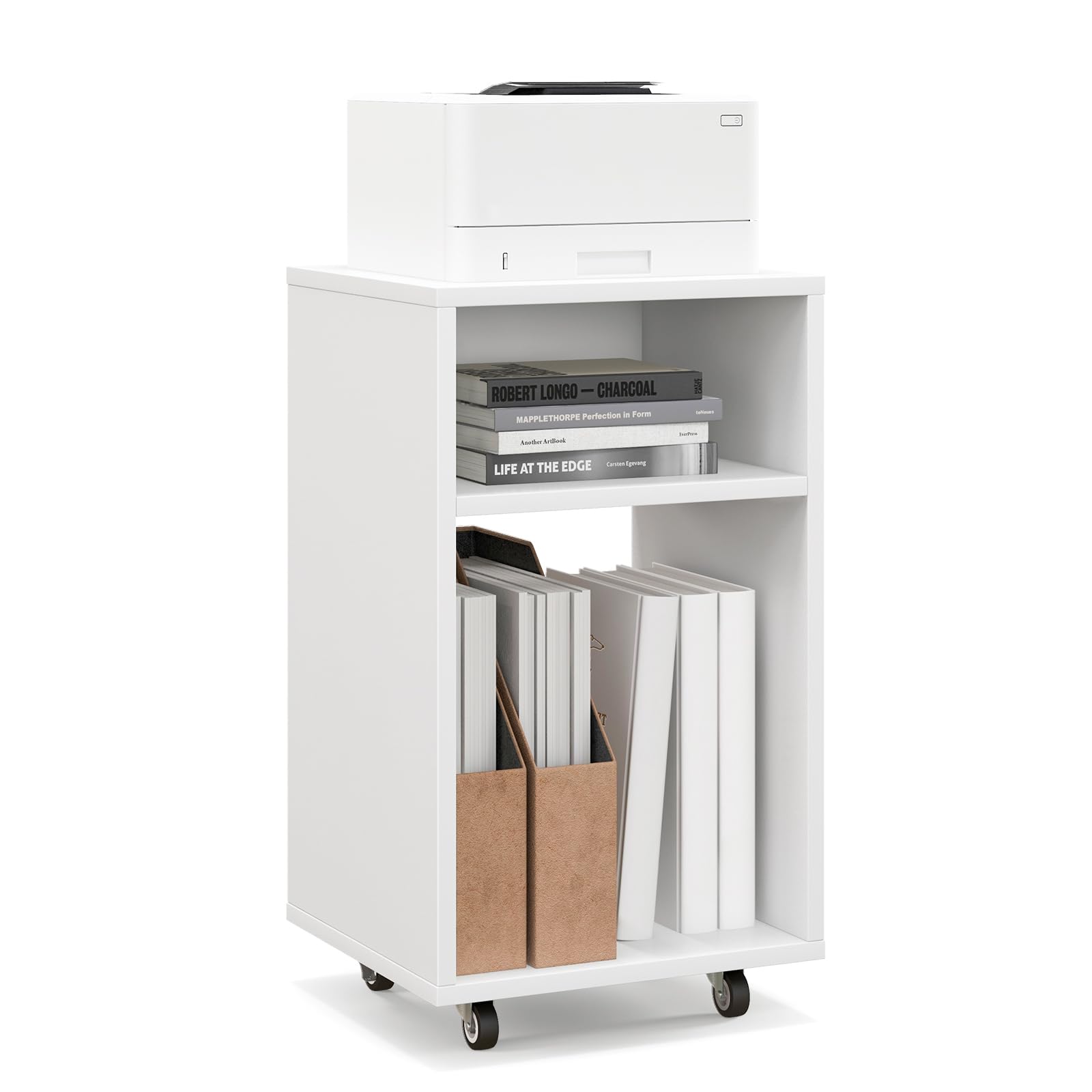 Giantex Vertical Mobile File Cabinet - Rolling Filing Cabinet with 2 Open Shelves, Lockable Casters, White