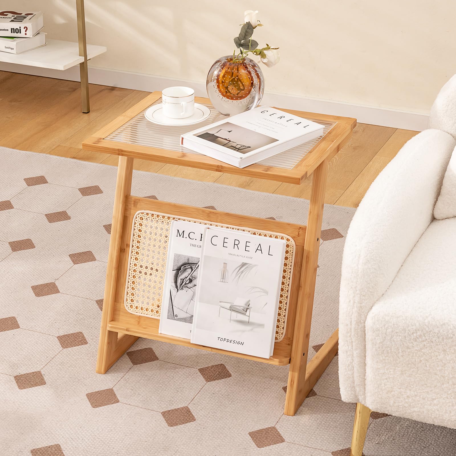 Giantex Rattan Side Table, Boho End Table with Glass Top & Magazine Rack, Z-Shaped Nightstand with Storage