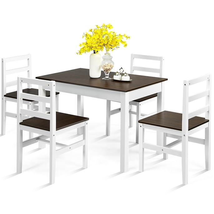 Giantex 5-Piece Dining Table Set, Rectangular Kitchen Table and Chairs Set (Walnut+White)