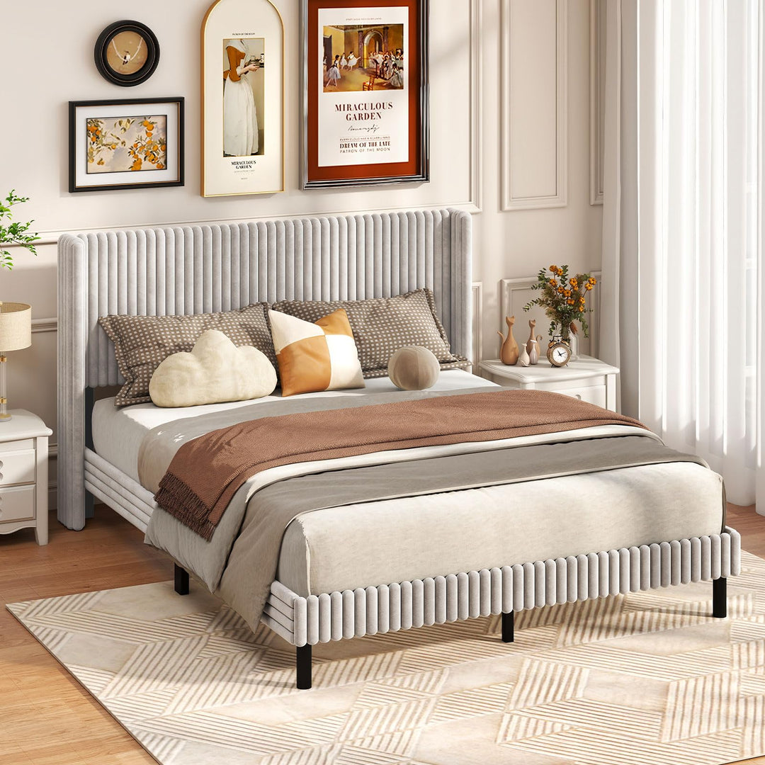 Giantex Queen Velvet Bed Frame Upholstered Platform Bed with Vertical Tufted Wingback Headboard